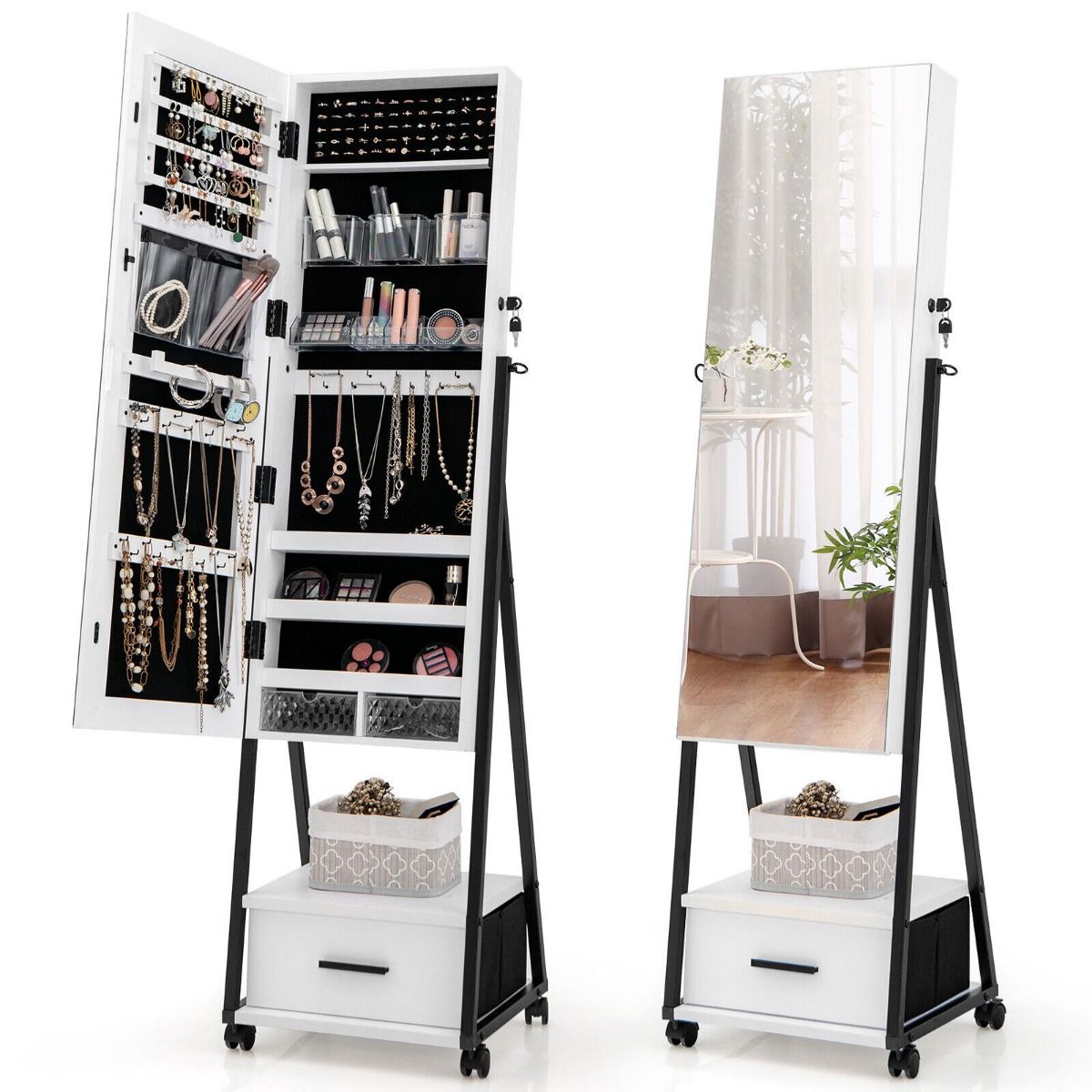 Mobile Standing Lockable Jewelry Cabinet with Full Length Mirror